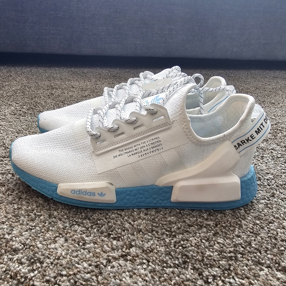 Adidas NMD_R1 V2 Runners, White and light blue. Men's 7 Women's 8 per size chart